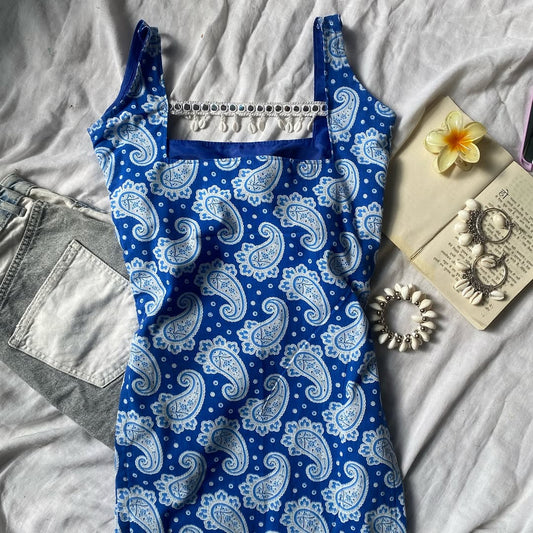 Indigo Paisley Strap Dress with Tassel Trim Neckline