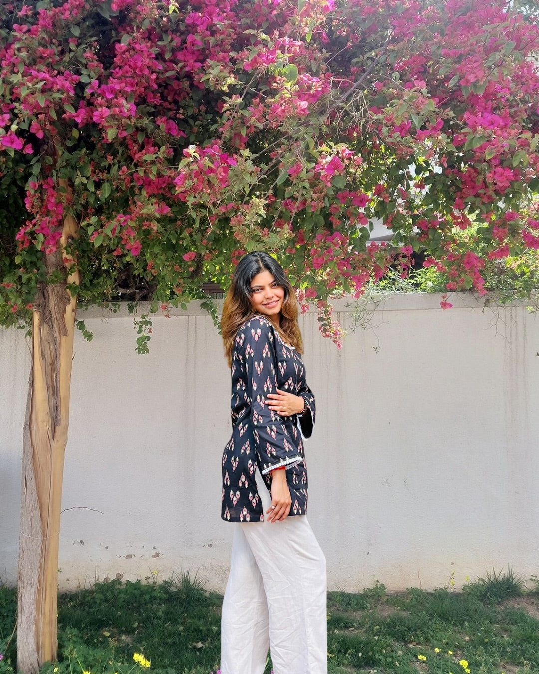 Mystic Bloom Cotton Tunic with Square Neck & Lace Detail