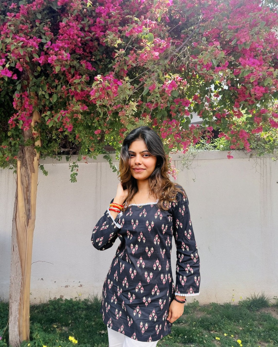 Mystic Bloom Cotton Tunic with Square Neck & Lace Detail