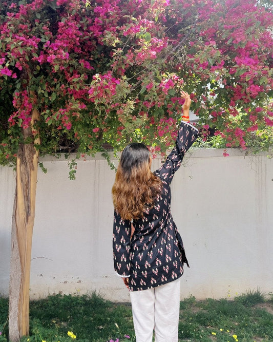 Mystic Bloom Cotton Tunic with Square Neck & Lace Detail
