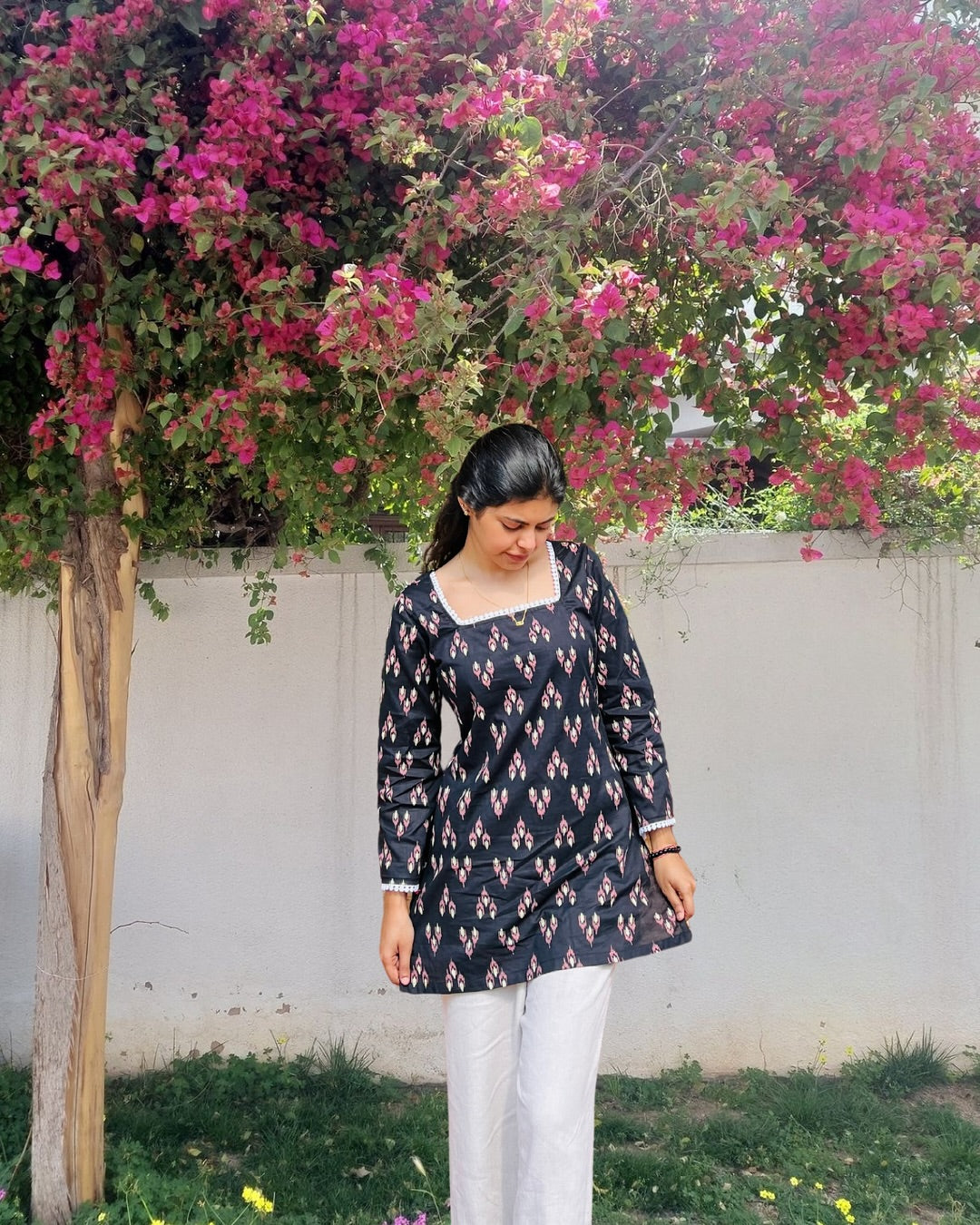 Mystic Bloom Cotton Tunic with Square Neck & Lace Detail