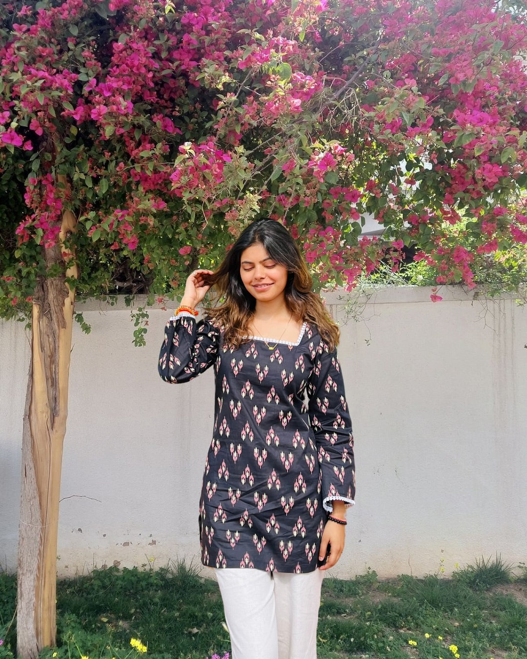 Mystic Bloom Cotton Tunic with Square Neck & Lace Detail