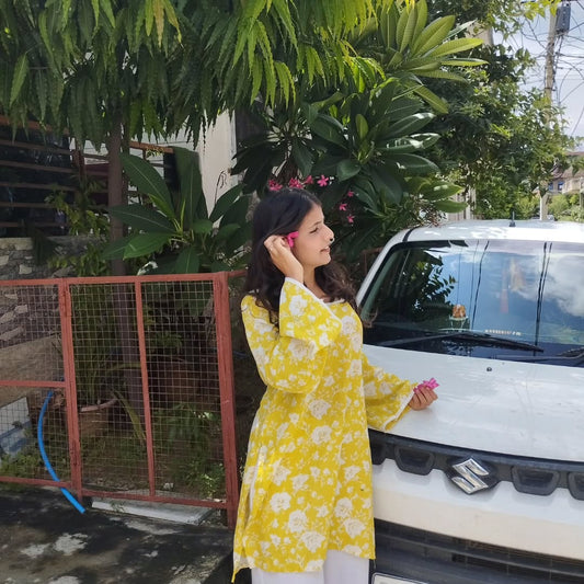 Jaipur Lemon Cotton Tunic with Flared Sleeves