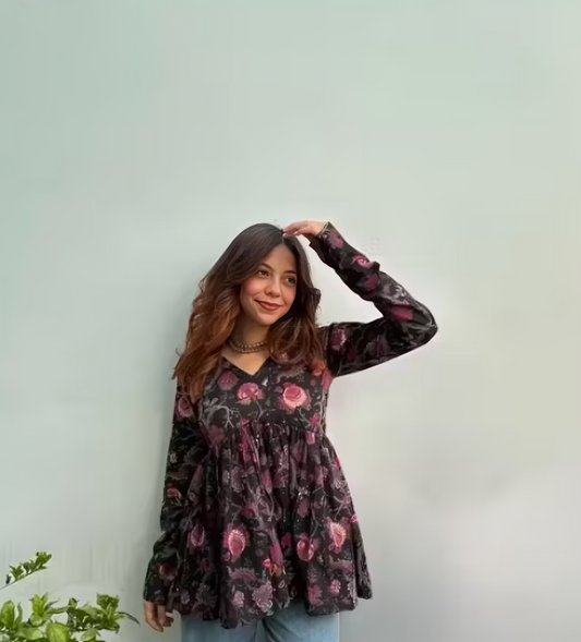 Dark Floral Print Peplum Top