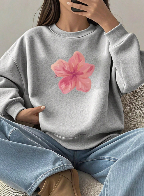 Girls Casual Printed Pullover Crew Neck Sweatshirt, Student Wear, Long Sleeve, Autumn/Winter