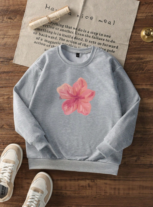 Girls Casual Printed Pullover Crew Neck Sweatshirt, Student Wear, Long Sleeve, Autumn/Winter