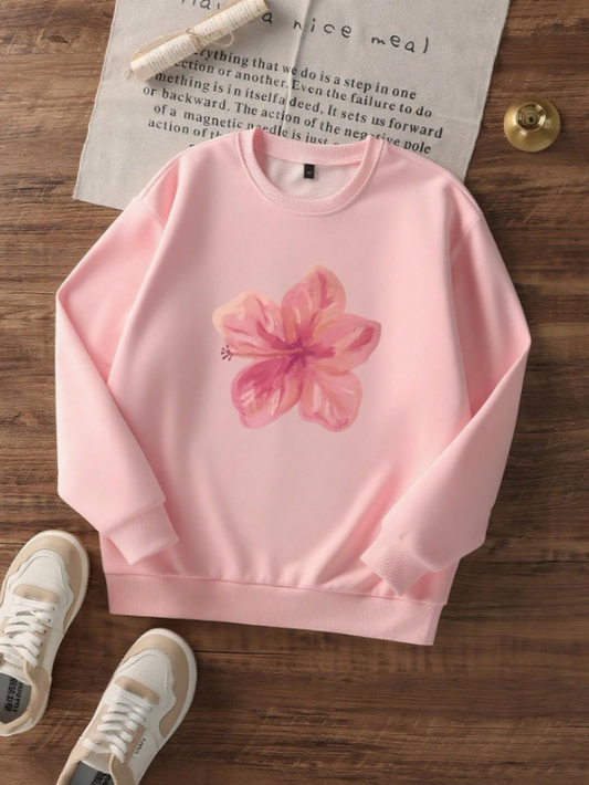 Girls Casual Printed Pullover Crew Neck Sweatshirt, Student Wear, Long Sleeve, Autumn/Winter