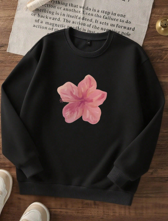 Pink Floral Graphic Sweatshirt – Aesthetic Oversized Black Pullover for Women