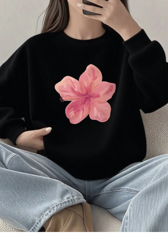 Pink Floral Graphic Sweatshirt – Aesthetic Oversized Black Pullover for Women