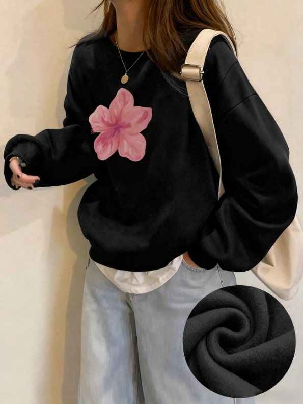 Pink Floral Graphic Sweatshirt – Aesthetic Oversized Black Pullover for Women