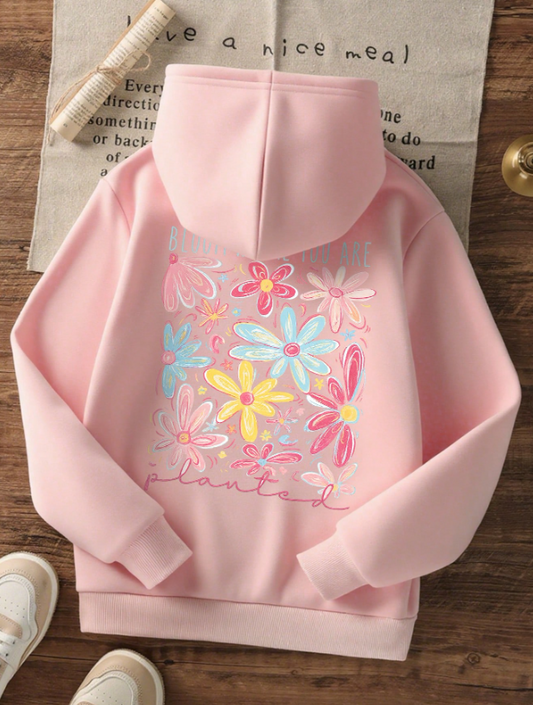 Bloom Where You Are Planted Hoodie – Pastel Floral Graphic Pullover for Women