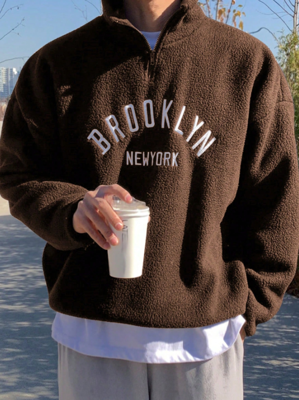 Brooklyn New York Fleece Pullover – Unisex Half-Zip Brown Sherpa Sweatshirt