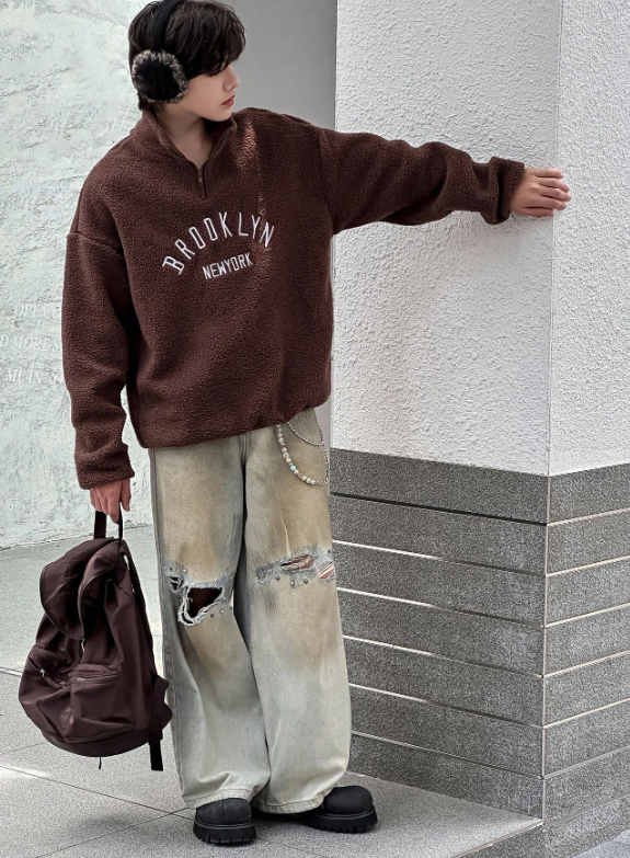 Brooklyn New York Fleece Pullover – Unisex Half-Zip Brown Sherpa Sweatshirt