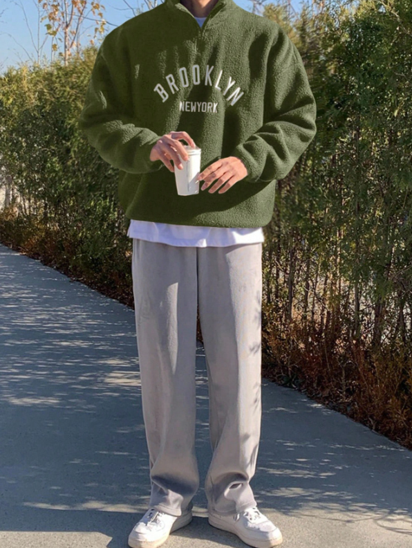 Light Green Men's Casual Letter Embroidery Pullover Sweatshirt, Autumn/Winter