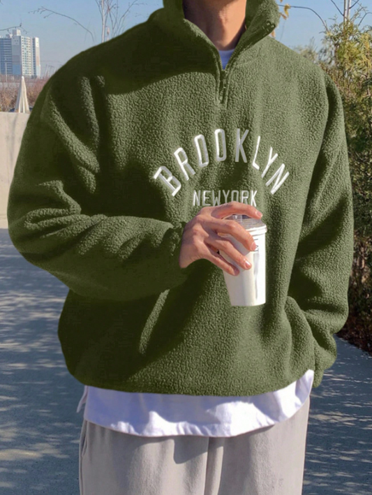 Light Green Men's Casual Letter Embroidery Pullover Sweatshirt, Autumn/Winter