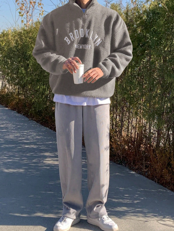 DAZY Men's Autumn Letter Embroidery Grey Half-Zip Fleece Pullover Sweatshirt