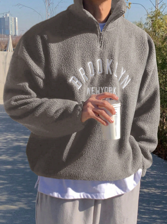 DAZY Men's Autumn Letter Embroidery Grey Half-Zip Fleece Pullover Sweatshirt