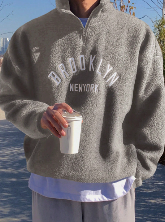 DAZY Men's Autumn Letter Embroidery Grey Half-Zip Fleece Pullover Sweatshirt