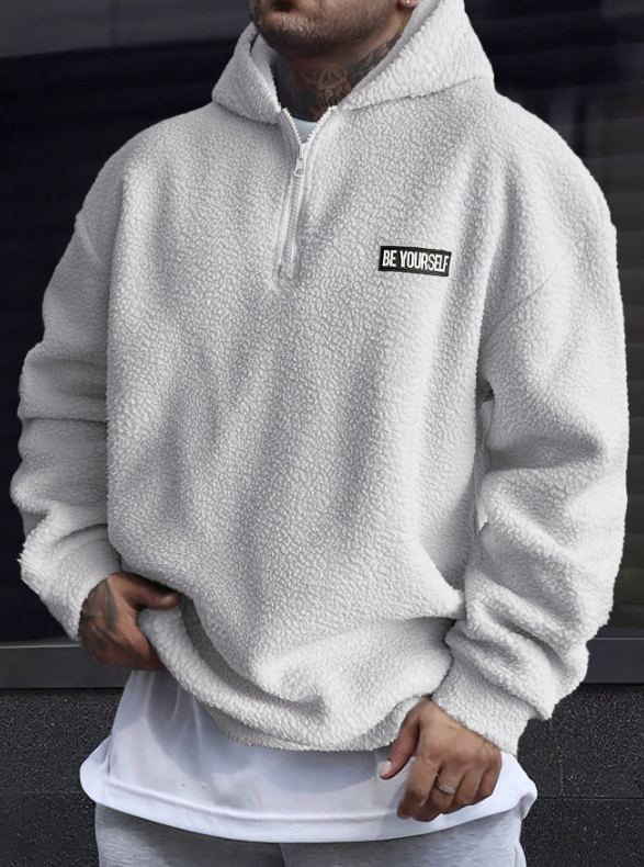 Manfinity Homme Men Letter Patched Half Zip Teddy Sweatshirt, Men Light Blue Hoodie, Men Quarter Zip Hoodie, Baby Blue Men Hoodie, For Fall Winter