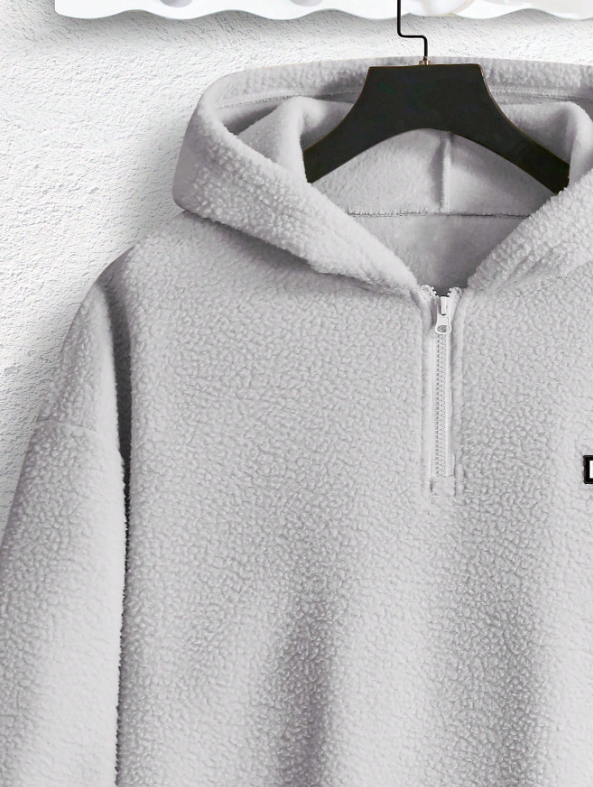 Manfinity Homme Men Letter Patched Half Zip Teddy Sweatshirt, Men Light Blue Hoodie, Men Quarter Zip Hoodie, Baby Blue Men Hoodie, For Fall Winter