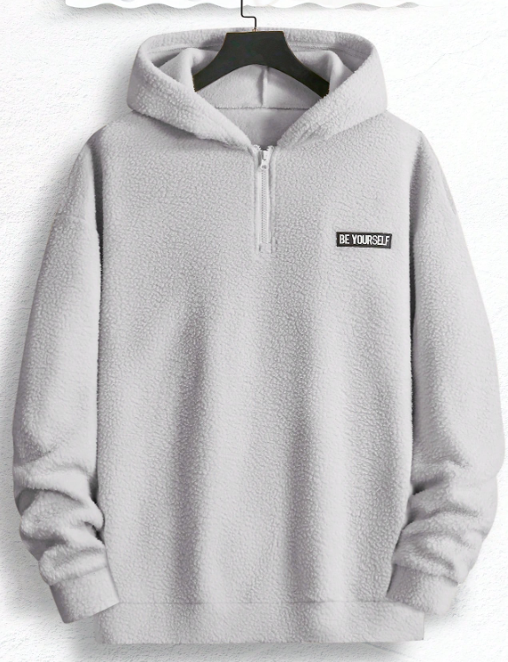 Manfinity Homme Men Letter Patched Half Zip Teddy Sweatshirt, Men Light Blue Hoodie, Men Quarter Zip Hoodie, Baby Blue Men Hoodie, For Fall Winter