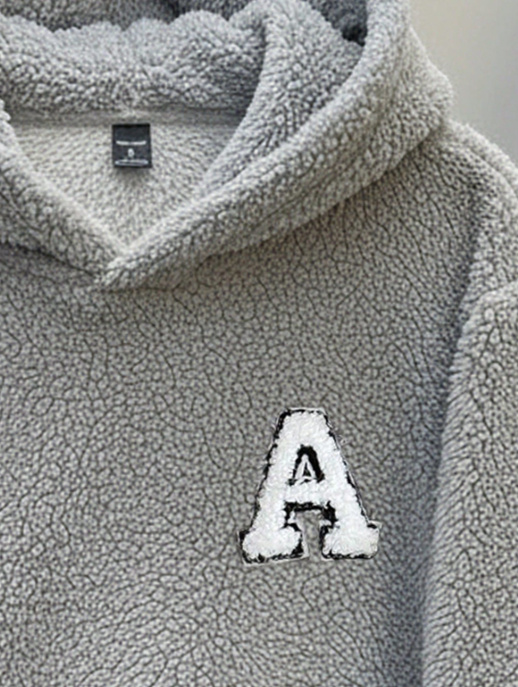 Alphabet ‘A’ Fleece Hoodie – Unisex Grey Sherpa Pullover for Winter Warmth