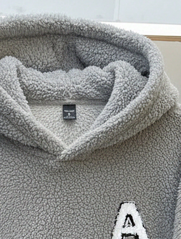 Alphabet ‘A’ Fleece Hoodie – Unisex Grey Sherpa Pullover for Winter Warmth