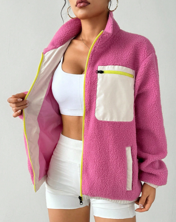 Colorblock Fleece Zip-Up Jacket – Women’s Cozy Sherpa Pullover with Pink Pocket