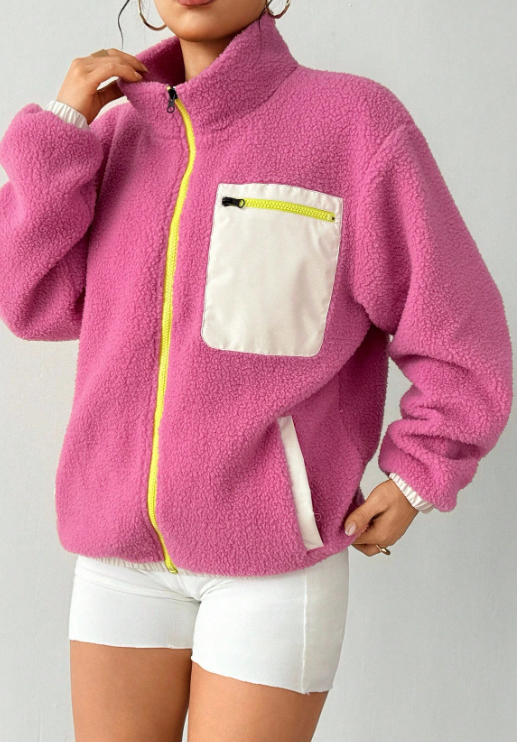 Colorblock Fleece Zip-Up Jacket – Women’s Cozy Sherpa Pullover with Pink Pocket