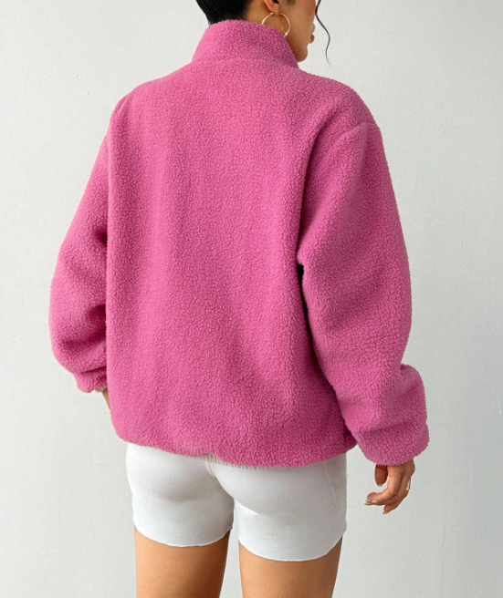 Colorblock Fleece Zip-Up Jacket – Women’s Cozy Sherpa Pullover with Pink Pocket