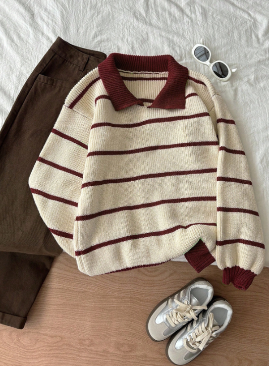 Vintage Striped Knit Polo Sweater – Casual Oversized Pullover for Women