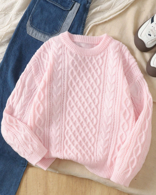 Soft Pink Cable Knit Pullover Sweater