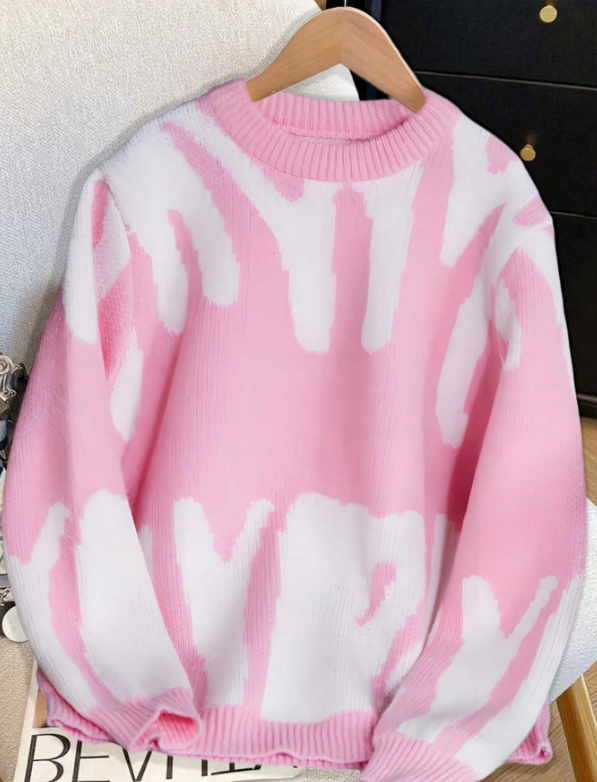 Pink & White Abstract Knit Sweater – Cozy Winter Wear