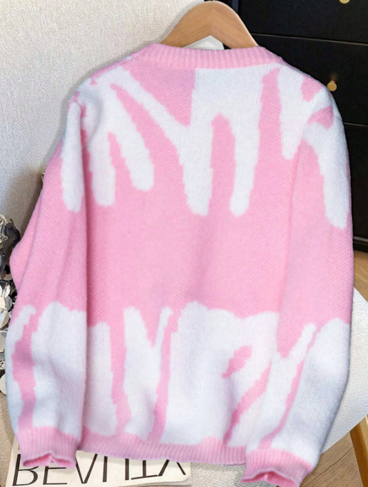 Pink & White Abstract Knit Sweater – Cozy Winter Wear