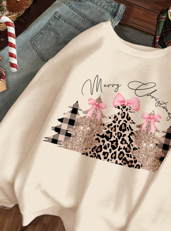 Merry Christmas Leopard Tree Sweatshirt – Cozy Holiday Pullover with Glitter & Bow Design