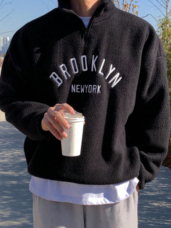 Brooklyn New York Fleece Pullover – Unisex Half-Zip Brown Sherpa Sweatshirt