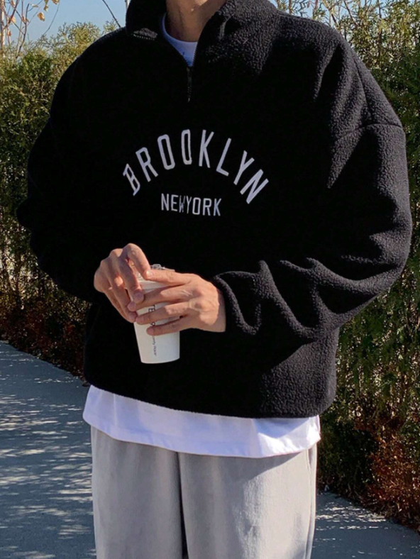 Brooklyn New York Fleece Pullover – Unisex Half-Zip Brown Sherpa Sweatshirt