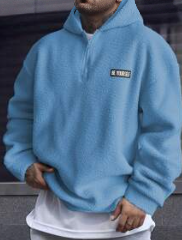 Manfinity Homme Men Letter Patched Half Zip Teddy Sweatshirt, Men Light Blue Hoodie, Men Quarter Zip Hoodie, Baby Blue Men Hoodie, For Fall Winter