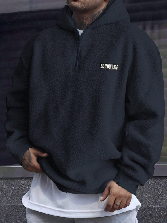 Manfinity Homme Men Letter Patched Half Zip Teddy Sweatshirt, Men Light Blue Hoodie, Men Quarter Zip Hoodie, Baby Blue Men Hoodie, For Fall Winter