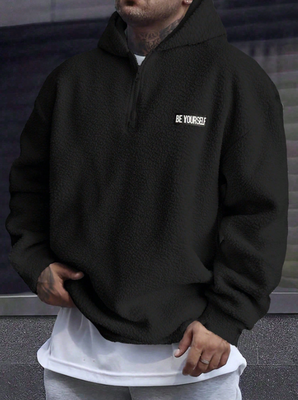 Manfinity Homme Men Letter Patched Half Zip Teddy Sweatshirt, Men Light Blue Hoodie, Men Quarter Zip Hoodie, Baby Blue Men Hoodie, For Fall Winter