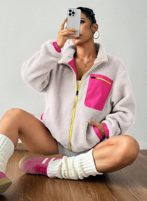 Colorblock Fleece Zip-Up Jacket – Women’s Cozy Sherpa Pullover with Pink Pocket