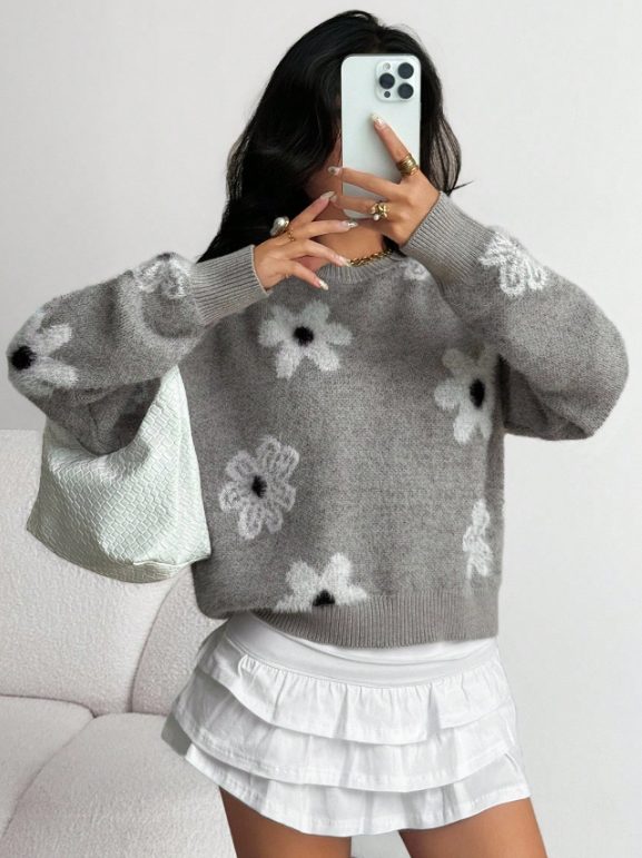 Grey Daisy Knit Sweater – Soft Floral Winter Pullover