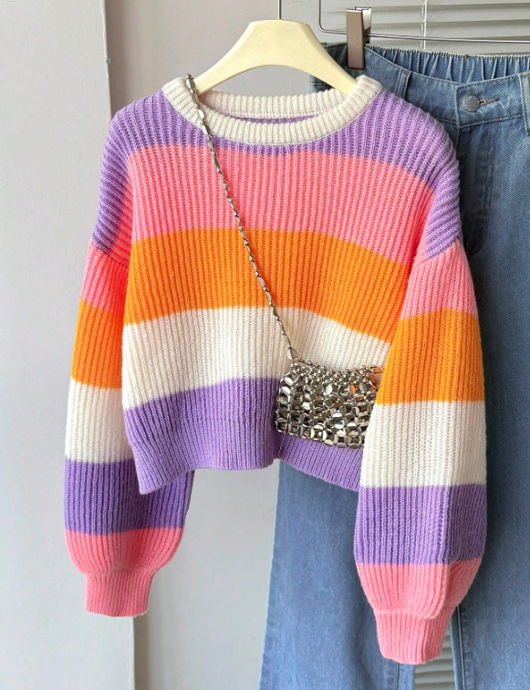 Color Block Striped Knit Sweater – Pastel Winter Pullover