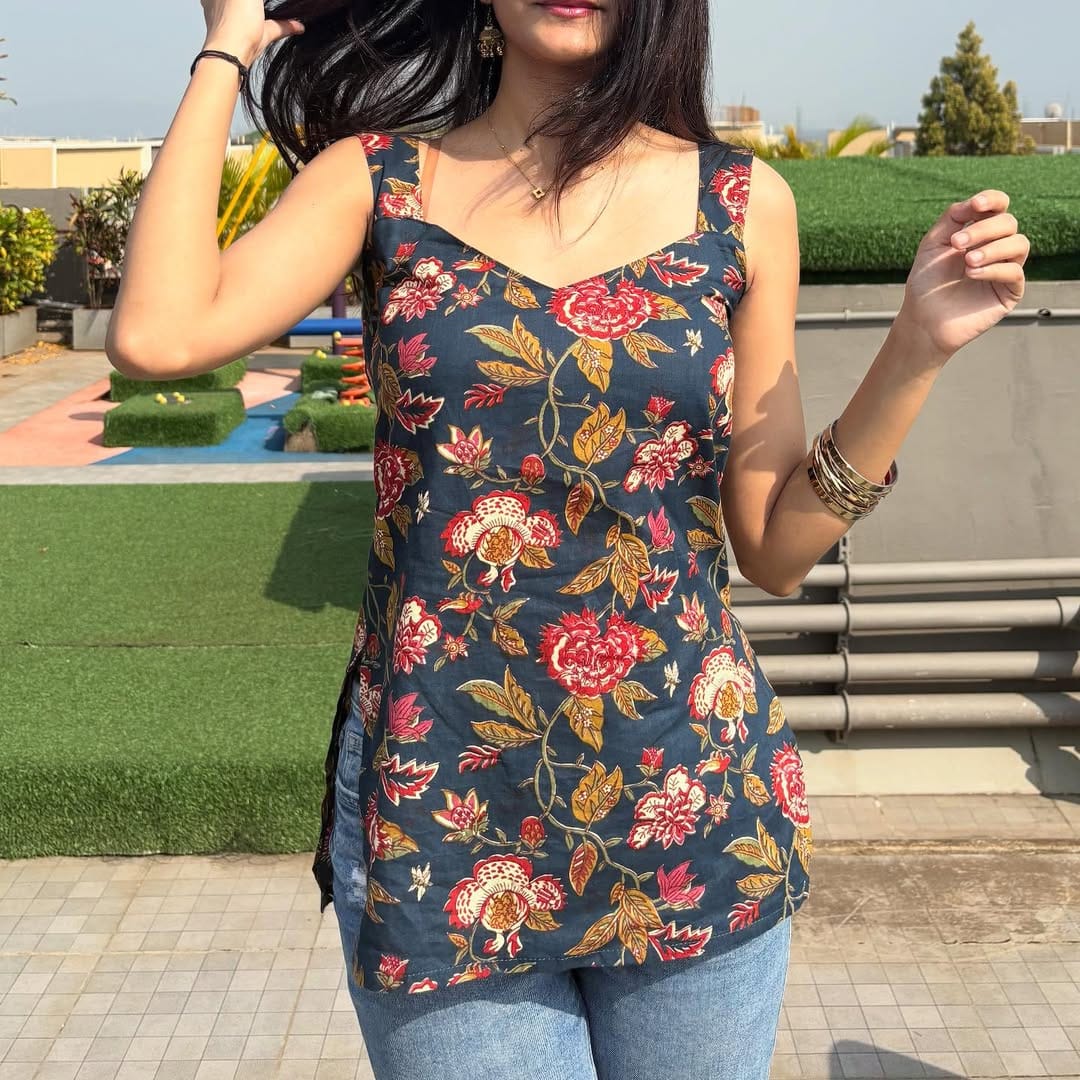 Navy Blue Floral Sleeveless Cotton Top