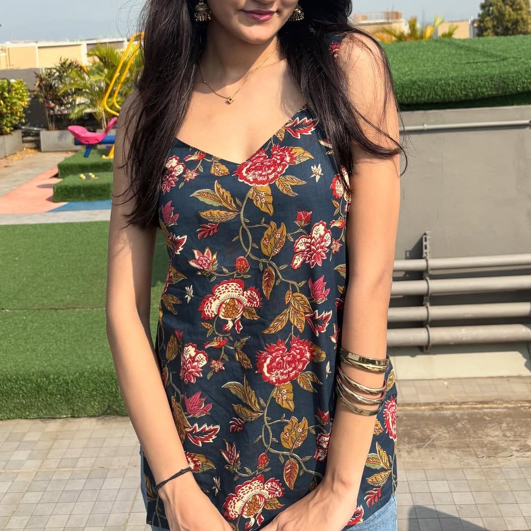 Navy Blue Floral Sleeveless Cotton Top