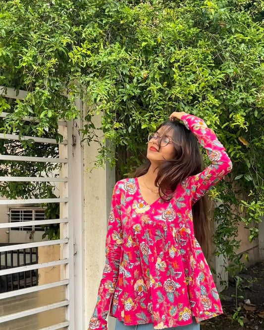 Bohemian Bloom' Pink Block Print Babydoll Tunic